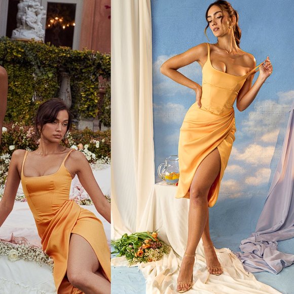 House of CB Dresses & Skirts - House of CB ‘Bianca’ Tangerine Satin Pleated Corset Midi Dress NWOT